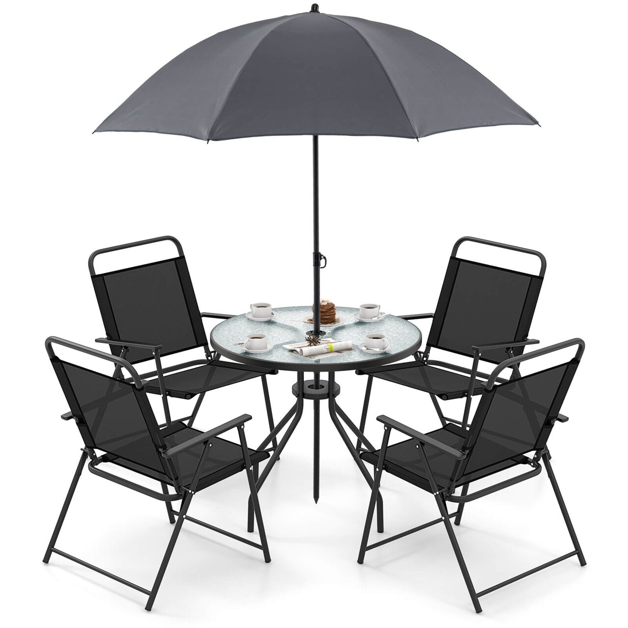 Costway 6 PCS Patio Dining Set Folding Chairs Glass Table Umbrella Garden